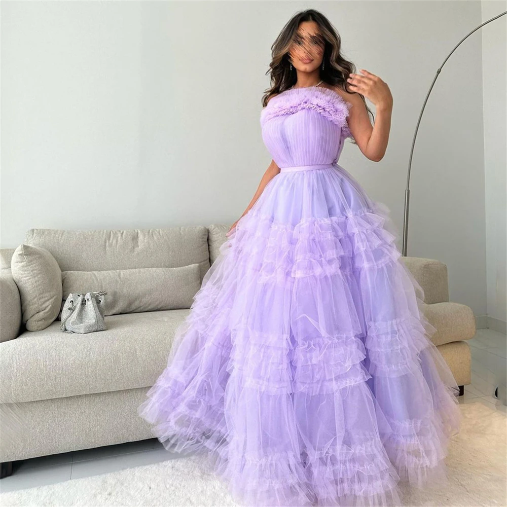 

Tarot A Line Tulle Ruffles Prom Dresses Dubai Sleeveless Strapless Pleated Evening Gowns Floor-Length Formal Dinner Party Dress