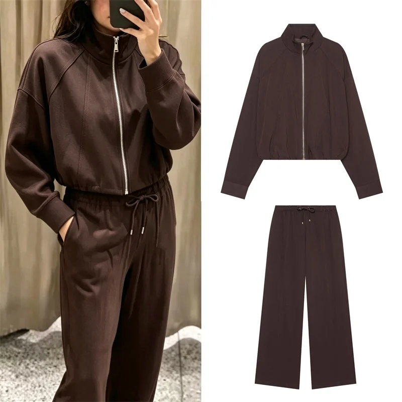 Guobioziy Women's Outfit 2026 Early Autumn New Casual Zipper Stand Collar Pilot Jacket with High-Waist Stretch Wide-Leg Pants