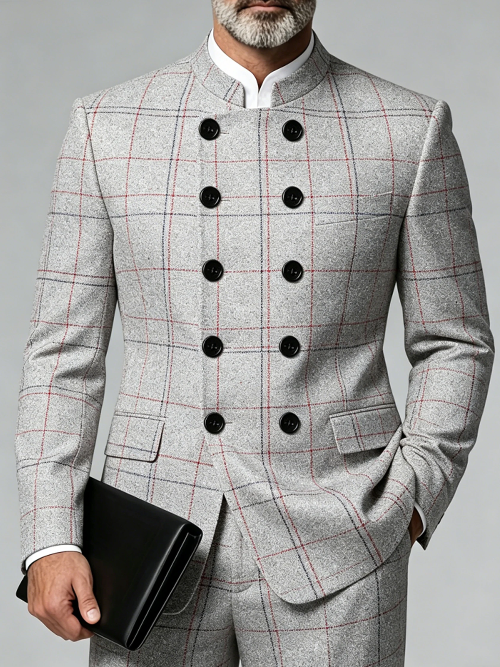 Men's Plus Size Business Blazer Luxury Classic Mandarin Collar Grey Plaid Double Breasted Wedding Party Outerwear Suit Jacket