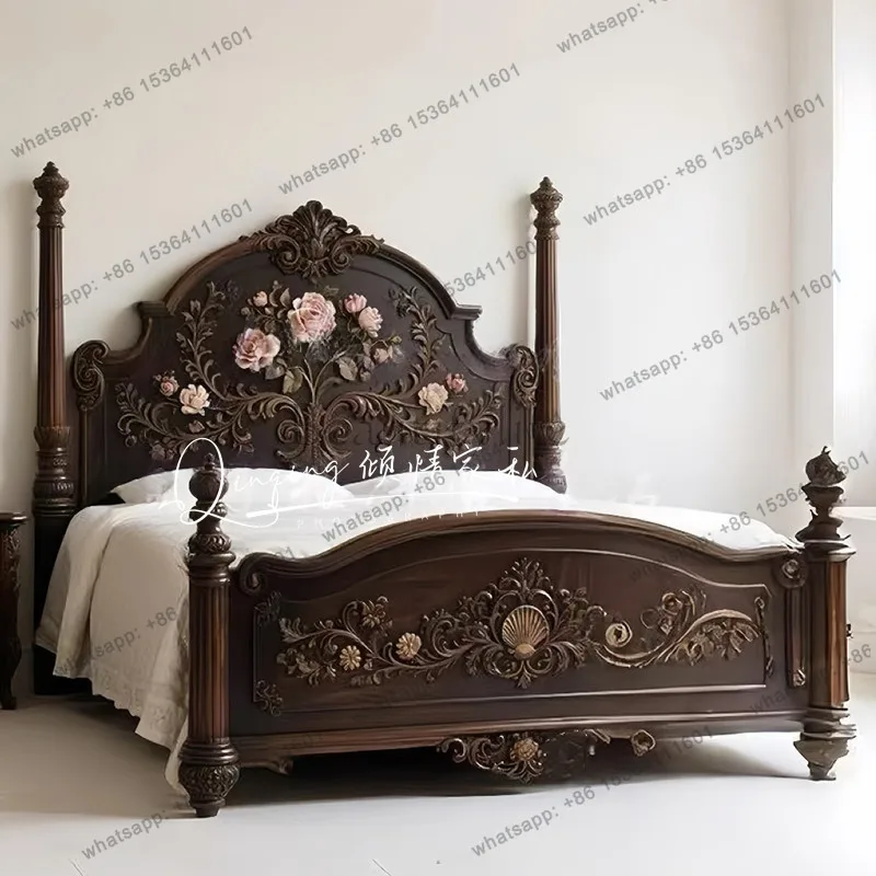 American French solid wood painting 1.8 meters 2.0 big bed medieval single 1.5 princess bed