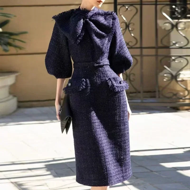 2025 New High Quality Women Bowknot Tweed Woolen Dress Autumn Winter Plaid Lantern Sleeve Ladies Office Midi Vestidos With Belt