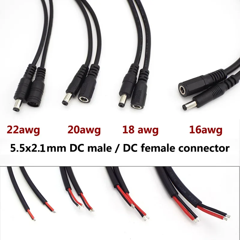 16/18/20/22awg 7A 10A DC Male Female Power Supply Connector extension Cable 5.5x2.1mm Copper Wire Current For LED Strip light T1