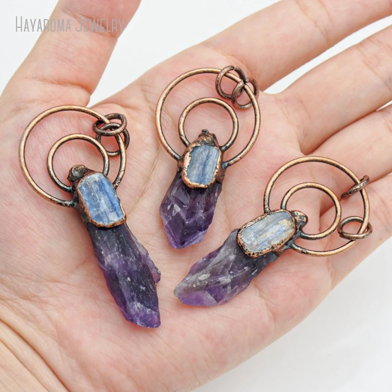 

10Pcs Copper Electroformed Kyanite Amethyst Hoop Chakra Pendant Natural Crystal Statement Handmade Boho Gift