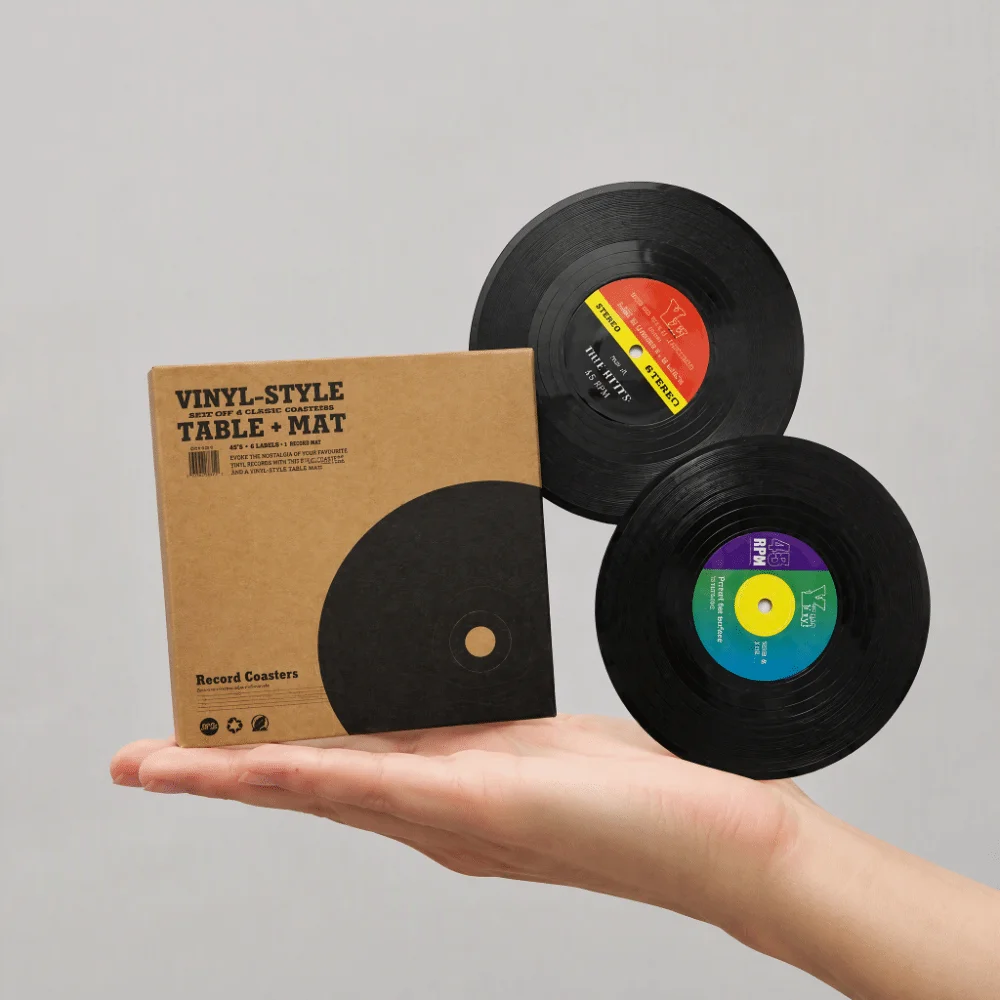 2pcs ABS Record Coasters Black Retro Design Vinyl Record Coasters 4 Inch Diameter Classic Cups Music Disk Coasters