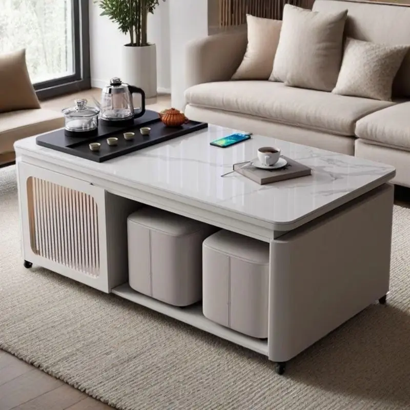 LH Modern Slate Multifunctional Solid Wood Tea Table Movable Coffee Table with Tea Breaking Table
