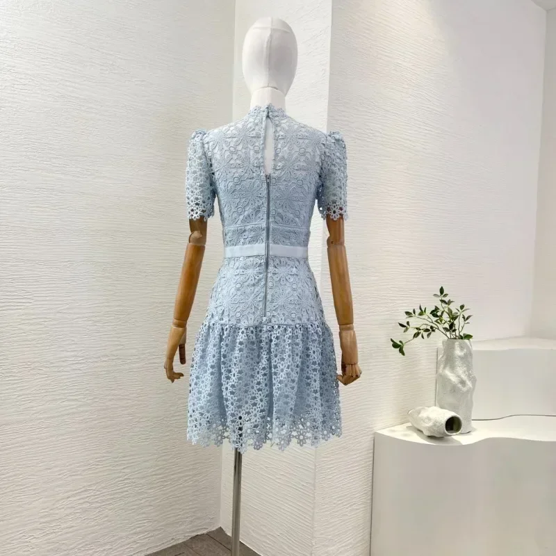 Top Quality Blue Short Sleeve Elegant Attractive Arrivals Mini Lace Dresses for Spring Summer Women's Clothes 2025 New