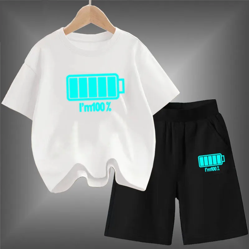 Kids Luminous Clothes Set Boys Funny Battery Print 2PCS Pack Soft Cotton Summer Children T-shirt + Shorts Sport Glowing Outfits