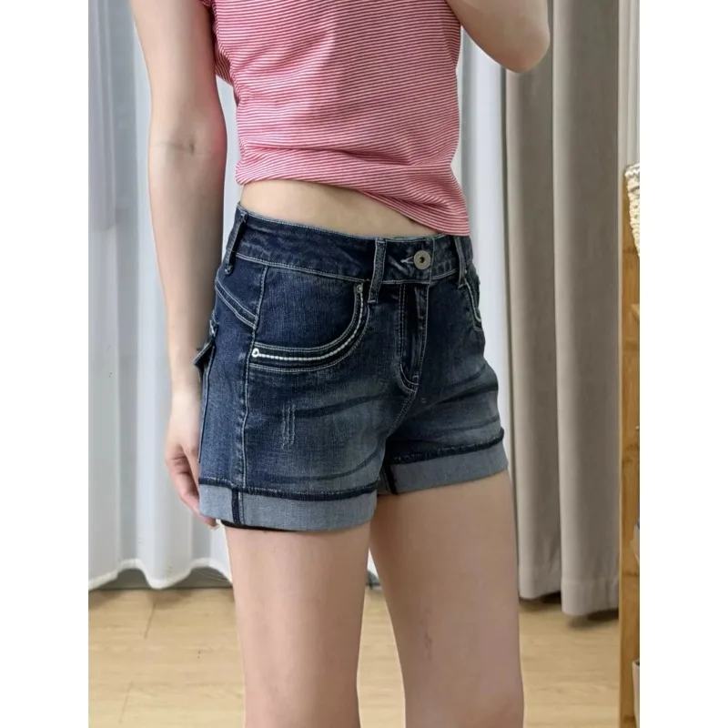 

Women's High Waist Denim Shorts Summer Trendy Low Rise Casual Curved Hem Vintage Hot Pants for Petite Female Body