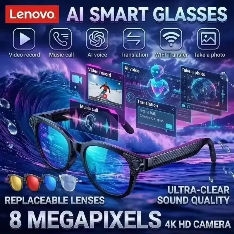 Lunettes Intelligentes IA Lenovo avec Caméra HD 8K, Lumière LED, Traduction, Dialogue, Enregistrement Vidéo de Réunions, Lunettes de Soleil Sportives d'Extérieur, Nouveauté 2026