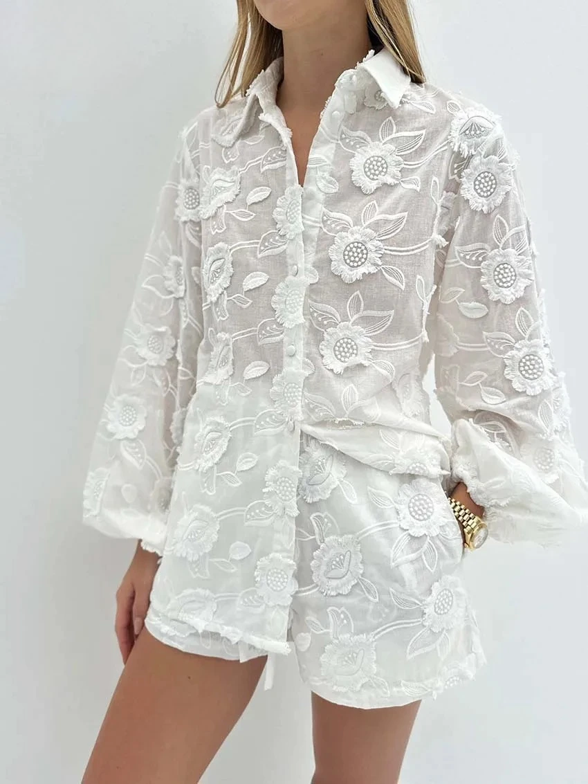 

2025 Summer White Cotton 2 Piece Sets Women Outfit Casual Jacquard Button Wrist Sleeve Shirts And High Waist Shorts Female Set