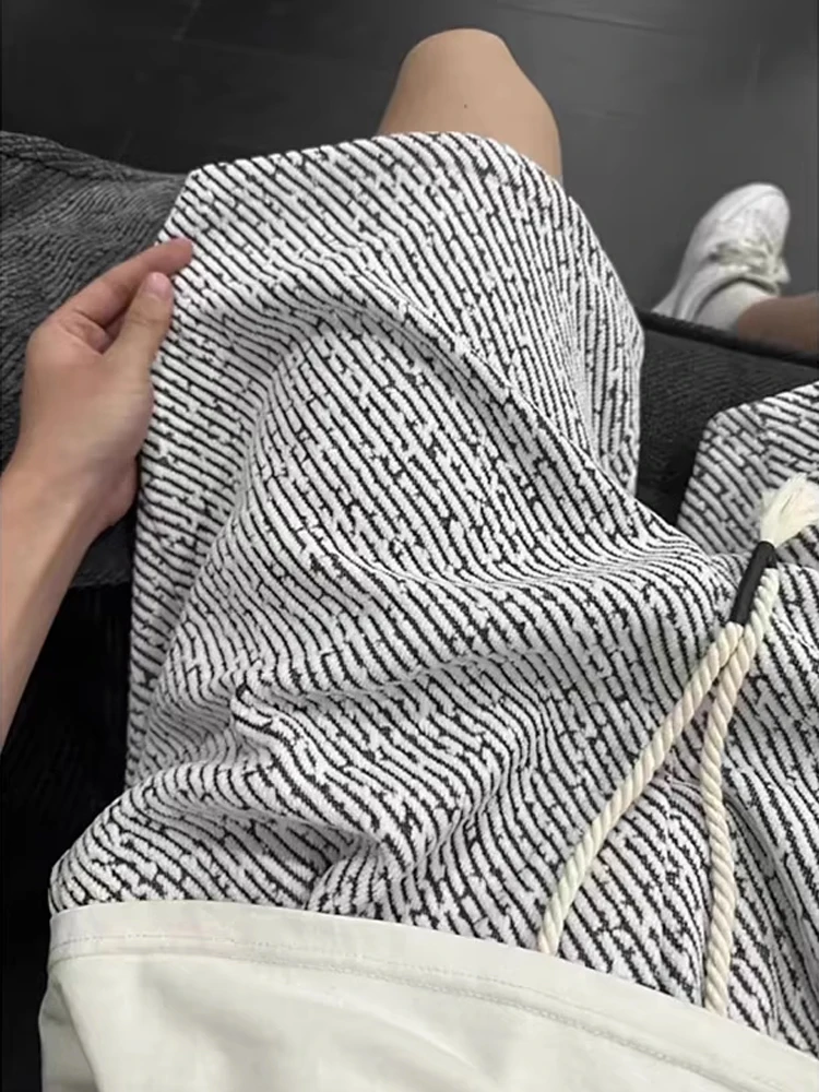 

Bla White Knitted Zebra Pattern Men's orts Summer Trendy American High-End Feeling Sport Five-Quarter Pants Casual Straig...