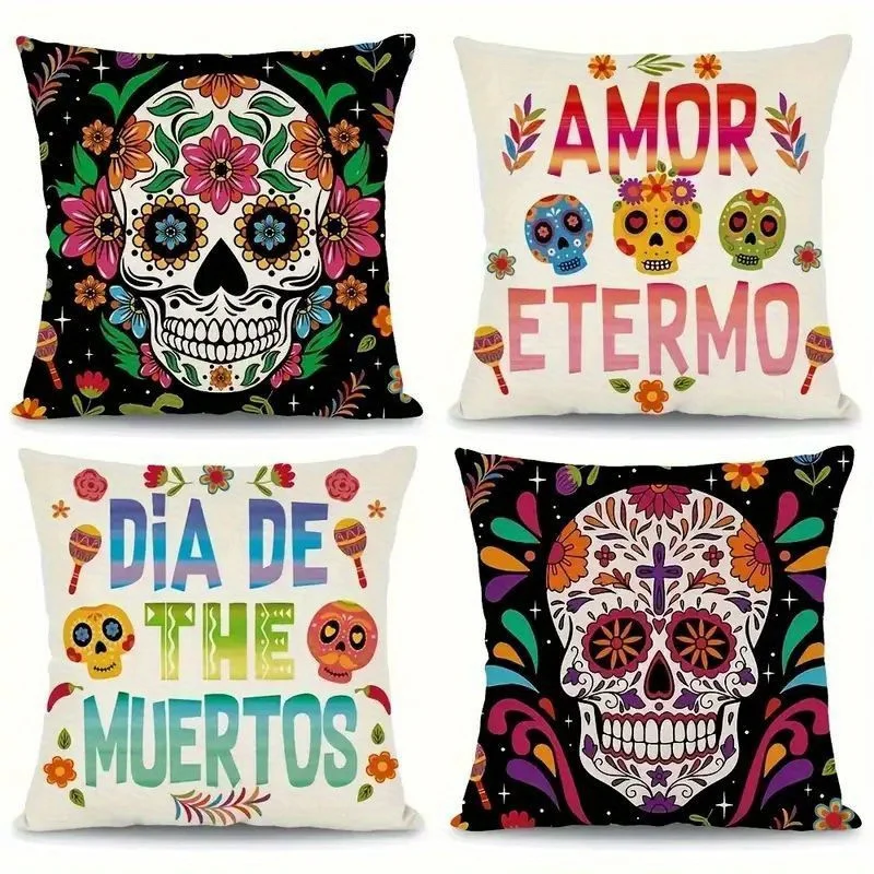 

4 шт. чехлы с цветочным рисунком черепа, односторонний принт на праздничную тематику, полиэстер, несколько размеров, можно стирать в машине