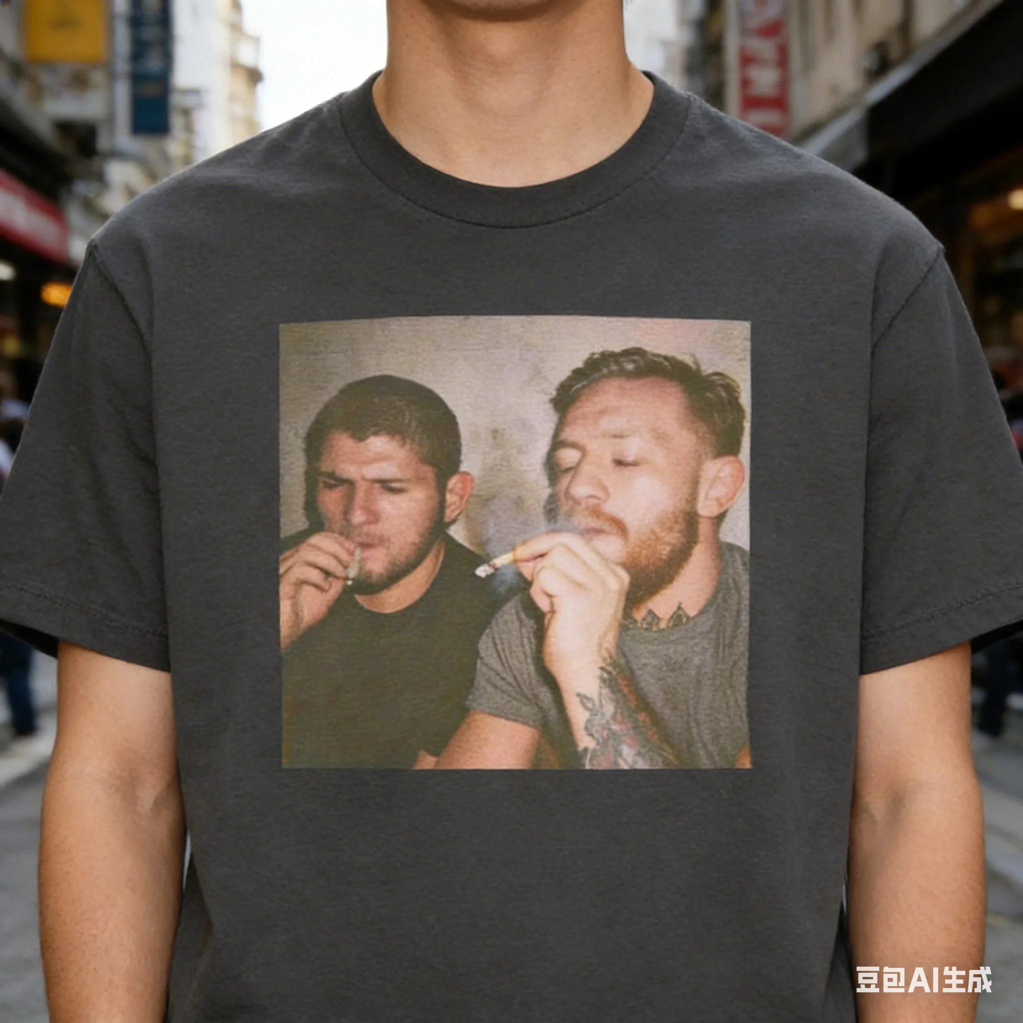 New T-Shirt Showcasing A Funny Design of Khabib and Conor It Comes in Black with A Crew Neck Short Sleeves This Playful Design