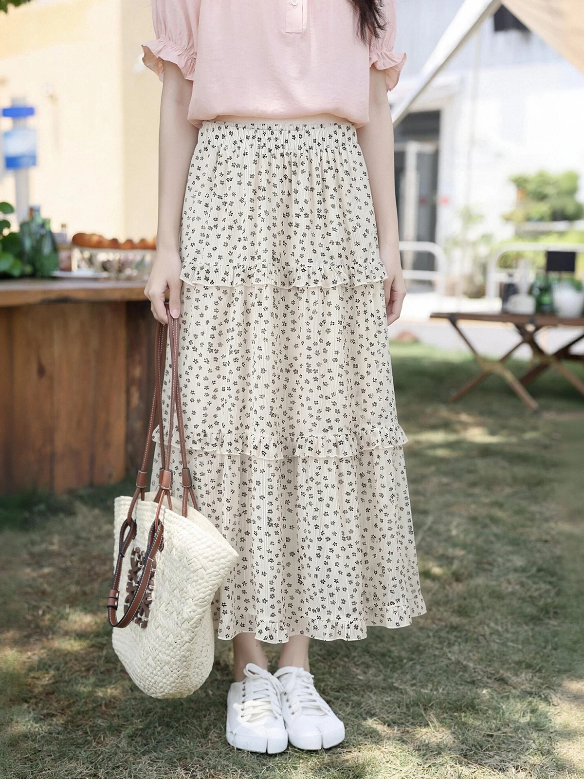 

Юбка-трапеция с высокой талией и плиссировкой, с цветочным принтом, многоярусная, женская, летняя, новый корейский стиль, на резинке