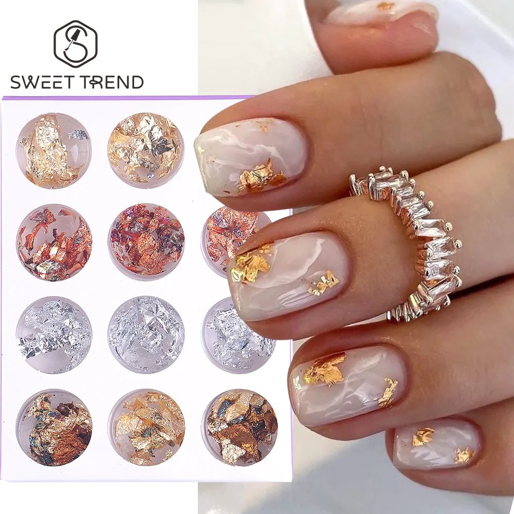SWEET TREND - 12 boîtes/ensemble de paillettes dorées pour ongles, éclats irréguliers en aluminium, design holographique, décorations scintillantes