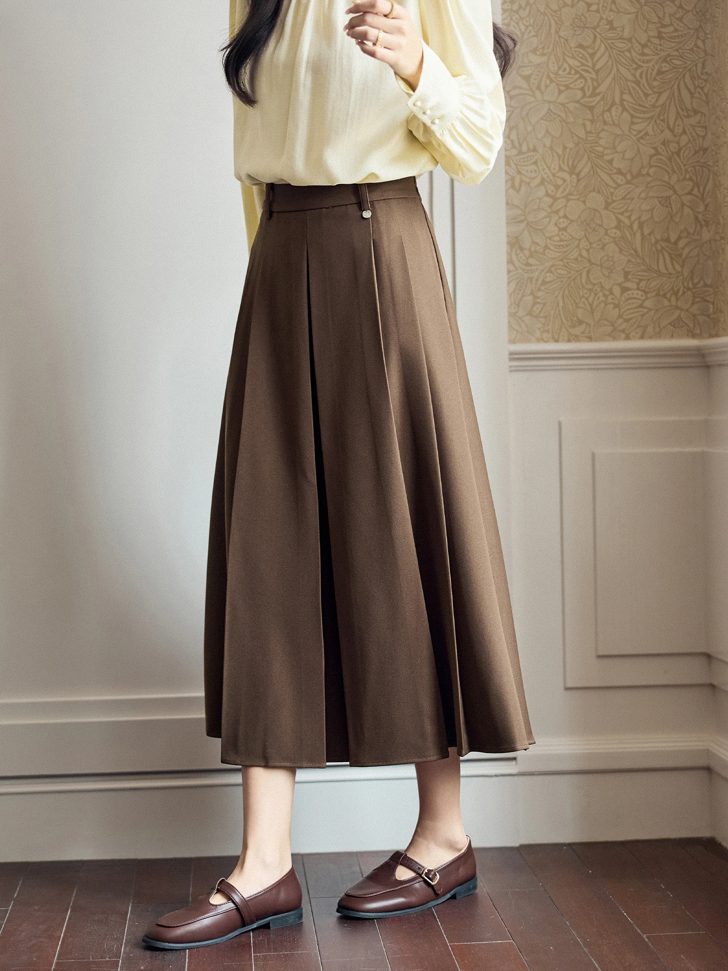 

Sùběn High Waist A-Line Midi Skirt Double Color Pleated Draped Slimming Spring Autumn New Sle Retro f-length Skirt