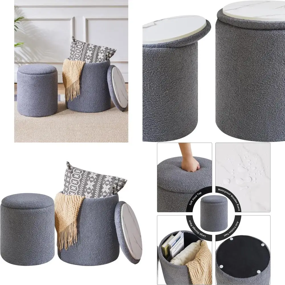 

Серый круглый османский набор для общежития с флисовым туалетным столиком и бархатной подставкой для ног, решениями для хранения