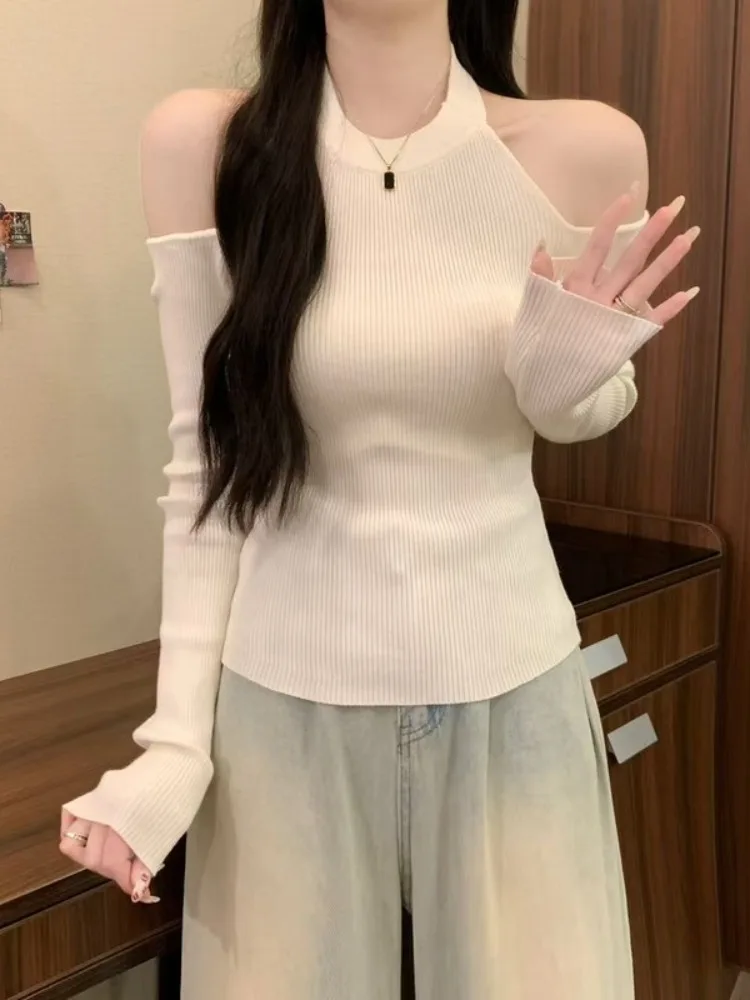 

Ele высококачественный трикотаж с острым плечом, женский осенне-зимний приталенный белый базовый слой, двусторонняя одежда, удобный мягкий трикотаж