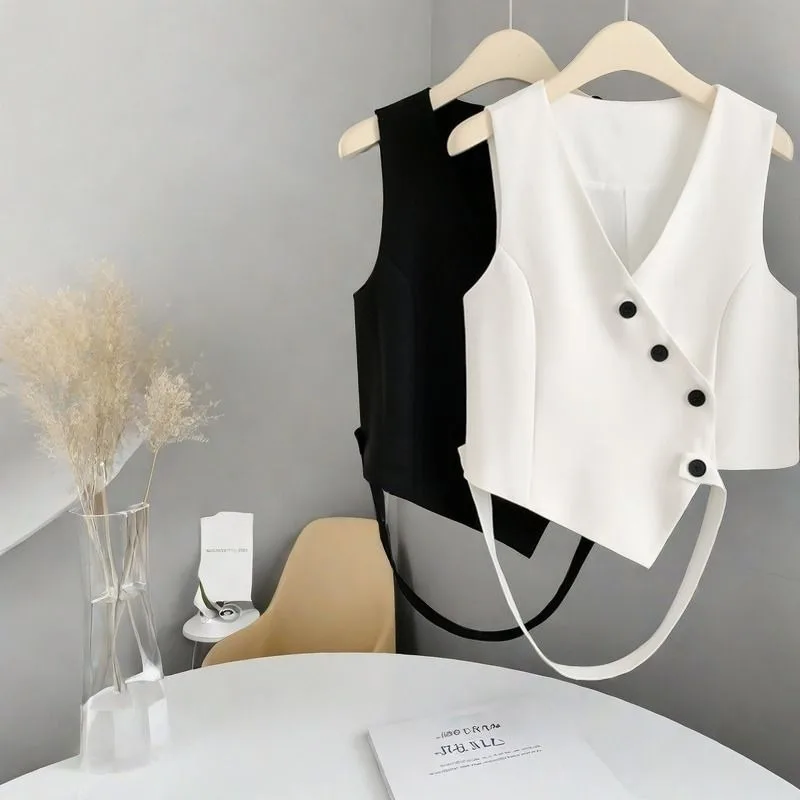 

Women's Models Fairy Summer Suit Vest Pure Color Newton V-neck Sleeveless Irregular Simple Casual Comfortable Harajuku Versatile
