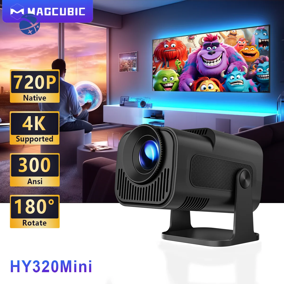 

4K Android 11 Projector Native 720P 300ANSI HY320 Mini Dual Wifi6 BT5.0 portable Projetor