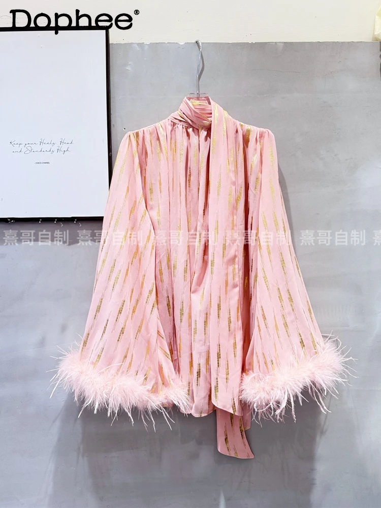 High Sense Bow Tie Temperament Contrasting Color Shirt  2024 Autumn New Feather Splicing Long Sleeve Loose Blouse Women