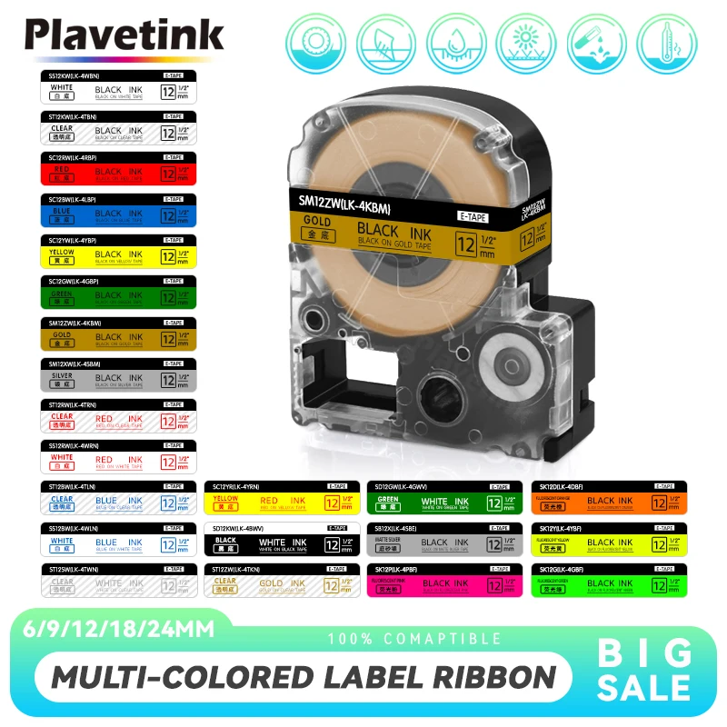 

PLAVETINK SS12KW Label Tape 12/18mm for SM12ZW LK-4WBN LK-4KBM Label Tape for Epson LabelWorks LW-300 400 600 Label Maker