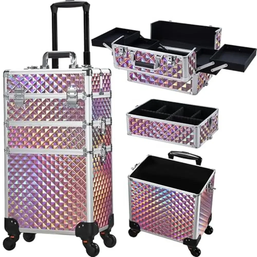 

Portable 3-in-1 Rolling Makeup Train Case with Detachable Compartments Storage Professional Swivel Wheels Salon Barber Case