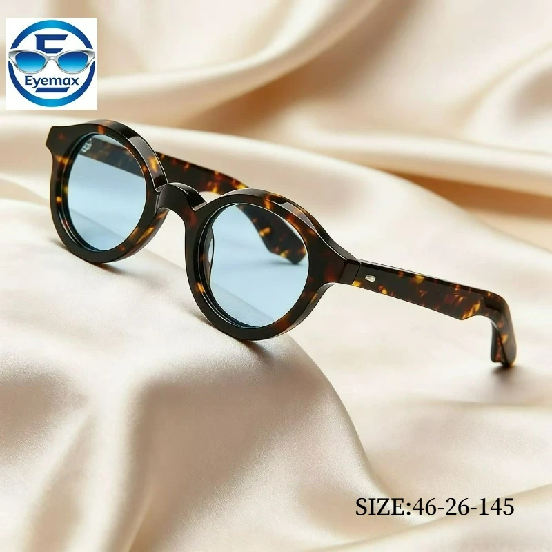 

Круглые солнцезащитные очки ручной работы из ацетата, винтажная оправа под черепаховый панцирь, светло-голубые линзы, модные ретро-очки для женщин и мужчин 46-26-145