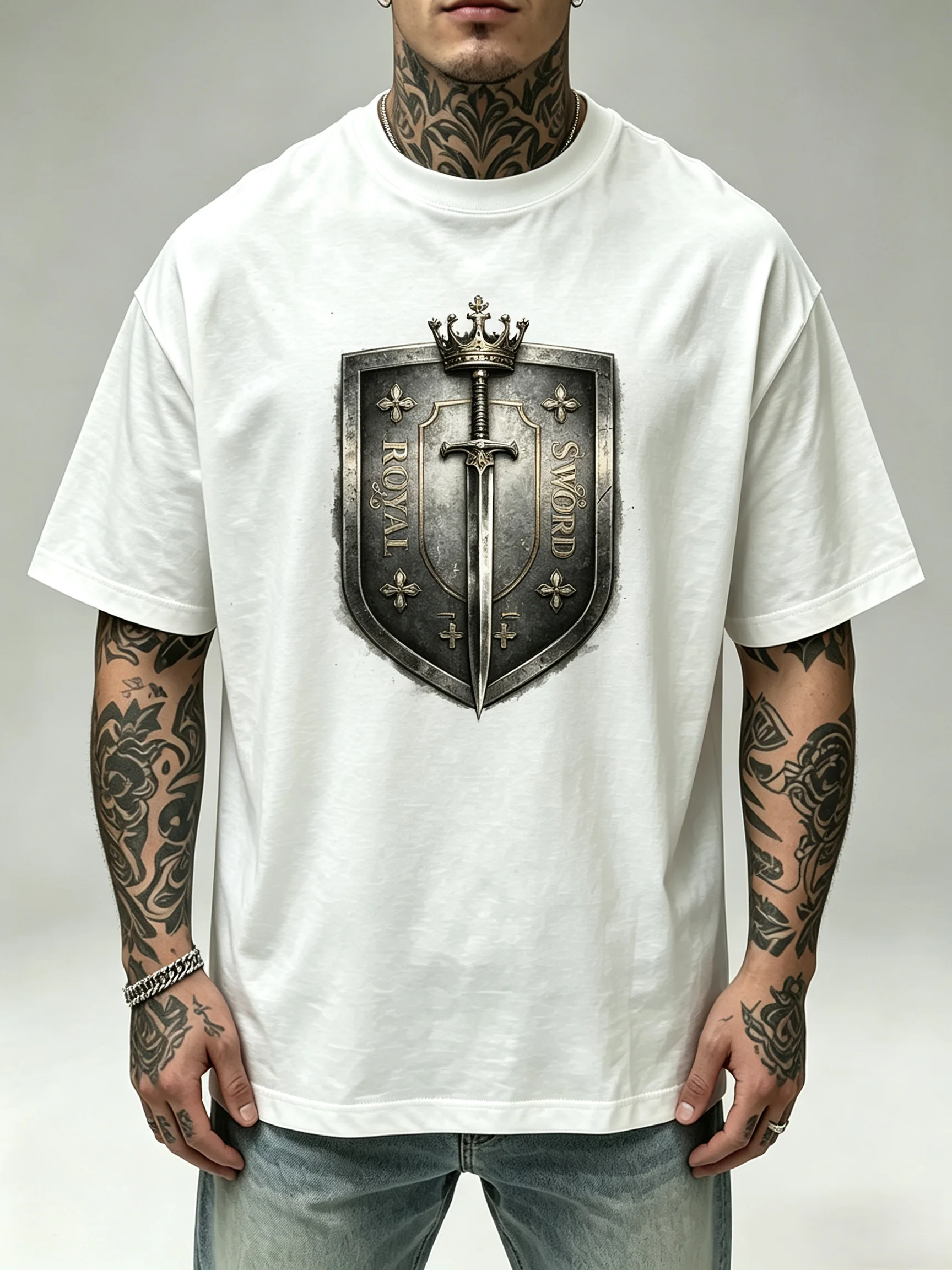 Unisex Royal Crown Shield Sword T Shirt Men Women Medieval Knight Graphic Oversized Short Sleeve T-shirt Retro Streetwear Tops