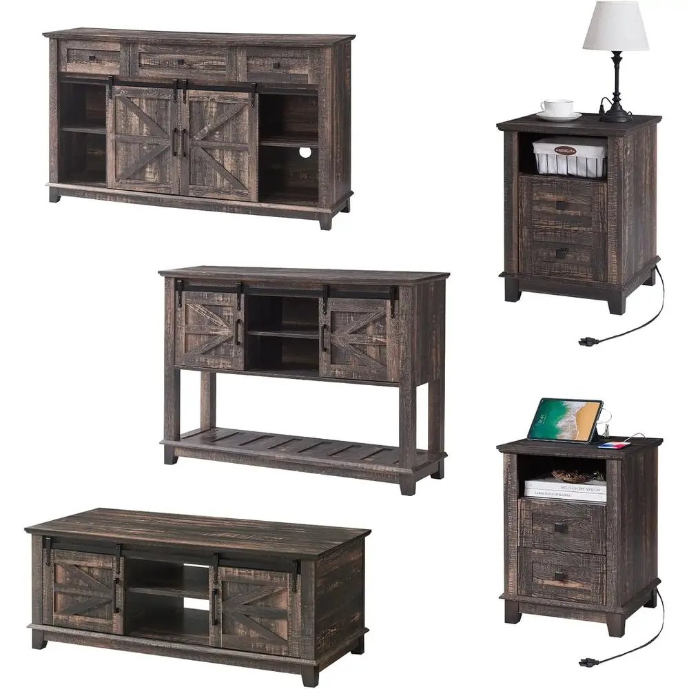 

5-Piece Rustic Oak Black Furniture Set: 18 End Tables with Charging, TV Stand for 65+ TVs, Storage Coffee Table, 46 Entryway Tab