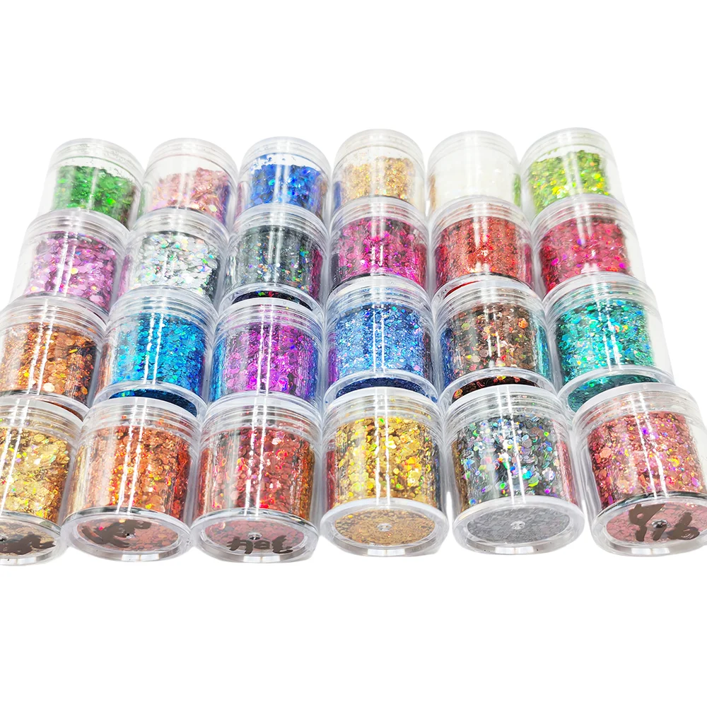 24Color Holographic Iridescent Chunky Hexagon Laser Glitter Mix DIY Sequins for Nail Art Face Festival Slime Tumbler Decoration