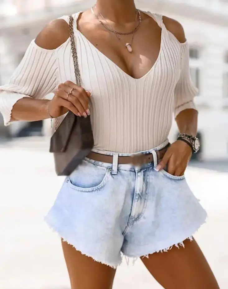 

New Fashion for Women 2024 Summer Tank Top Casual Simple Solid Color Half Sleeve Twist Design Cold Shoulder Knit Top