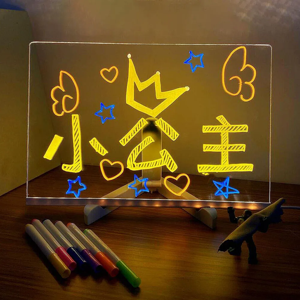 ضوء ليلي بمفكرة LED مع 7 أقلام ملونة يمكنك صنعها بنفسك لوحة رسائل أكريليك لوحة رسم قابلة للمسح مثالية لعيد ميلاد الأطفال
