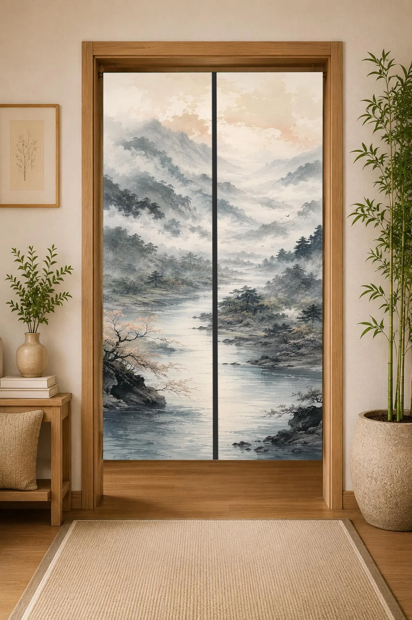 Large Watercolor Landscape Room Divider Screen Indoor Patio Curtain Decorative Sliding Door Panel