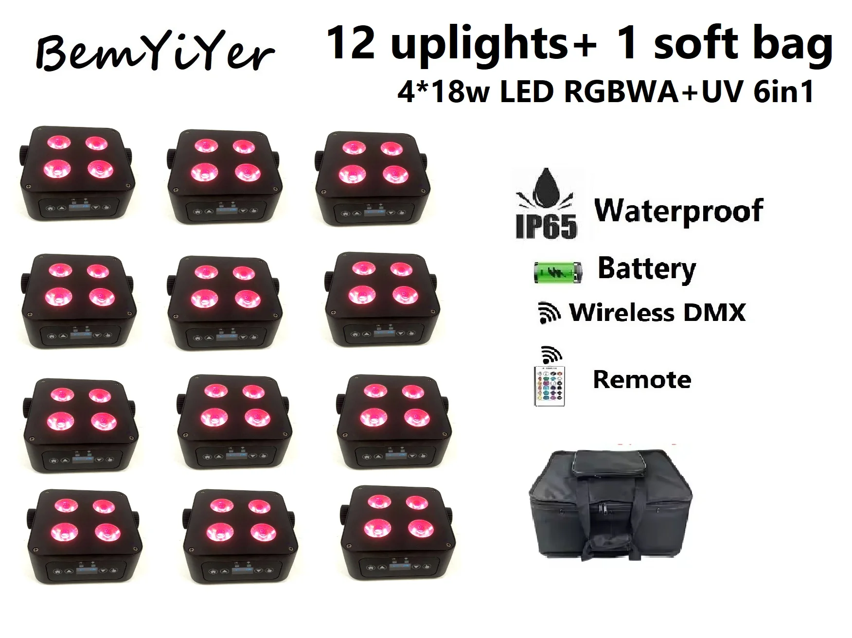 12pack Outdoor IP65 led Par DJ Uplights battery w/travel bag Wireless DMX IR 4x18w RGBWA UV 6in1 for wedding entertainment