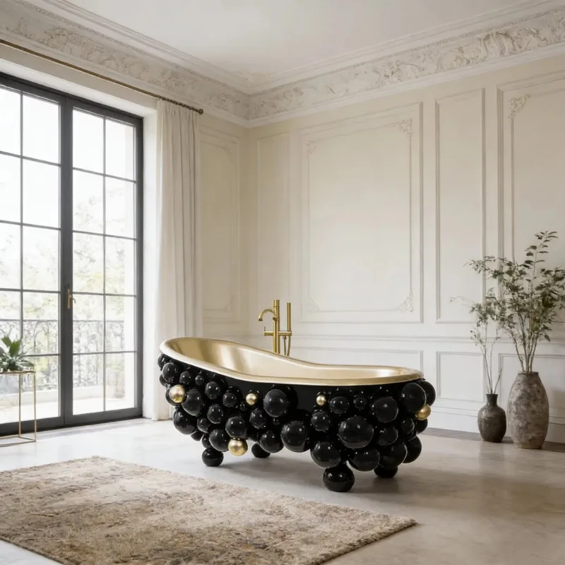 A freestanding sculptural bathtub with a 3D bubble shell and gold lining, suitable for home spas and luxury bathrooms