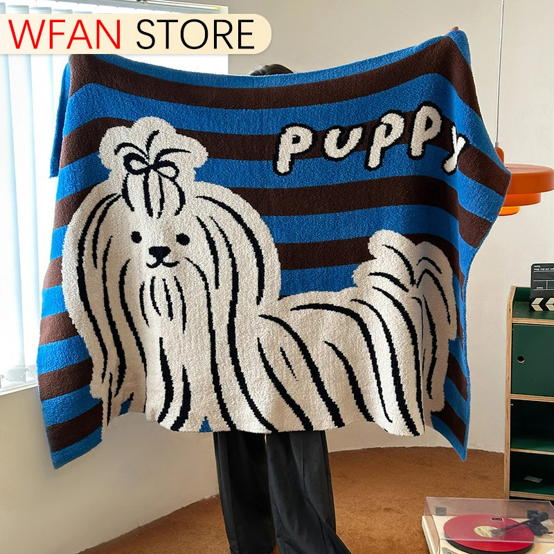 Four Seasons Cartoon Jacquard Knit Half Fleece Blanket Cute Puppy Polyester Soft Home Travel Camping Office Nap Throw 150x200cm