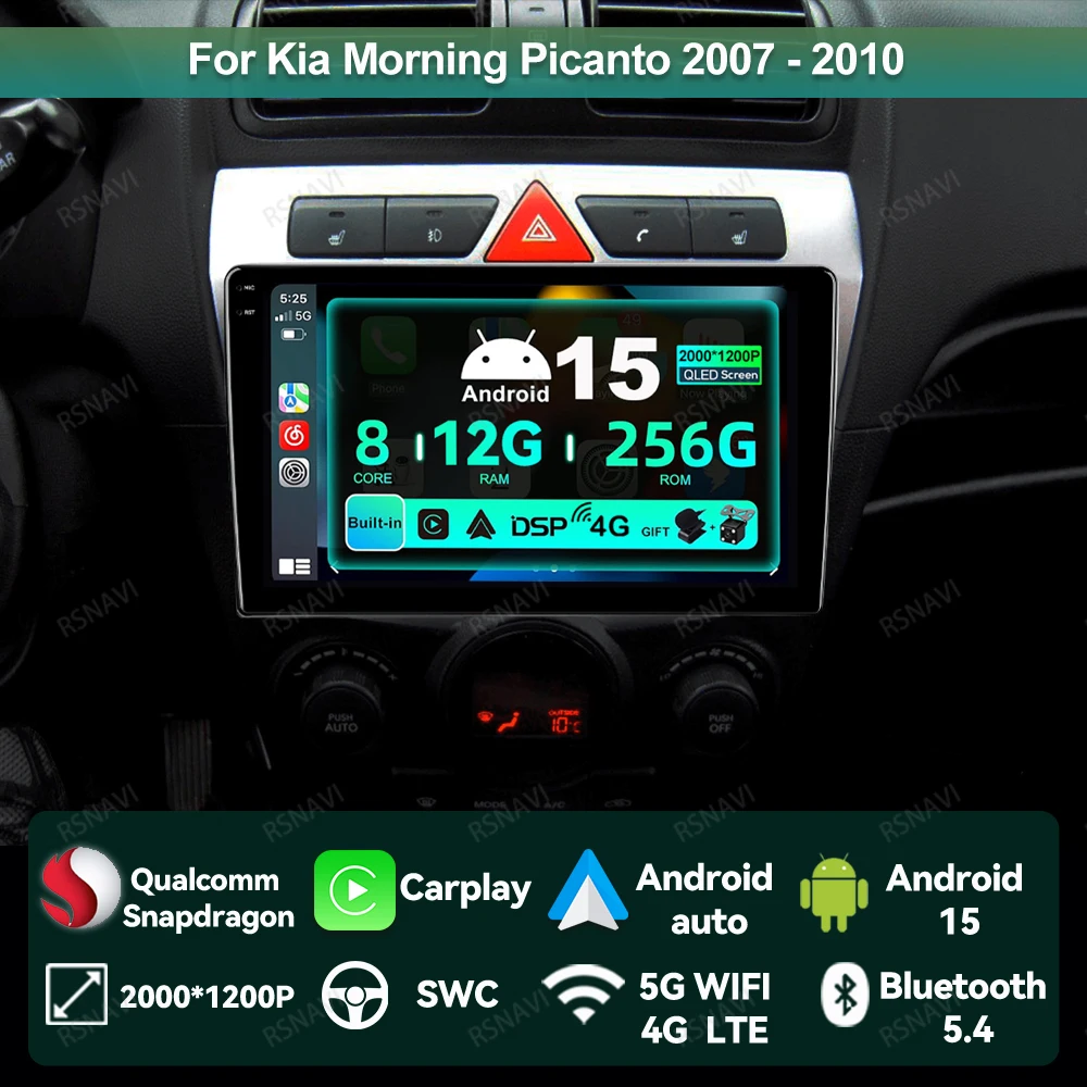 

Автомобильный радиоприемник Android 15 для Kia Morning Picanto 2007-2010 BT Беспроводной Carplay Авто Стерео 5G WIFI Viedo Плеер Авторадио DSP QLED