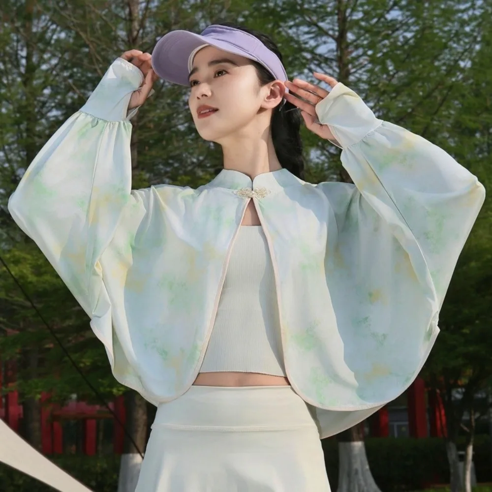 Sweet Ice Silk Sunscreen Shawl Solid Color Thin Sun Protection Clothing Quick Dry Long Sleeve Tie-dye UV Protection Cape Summer