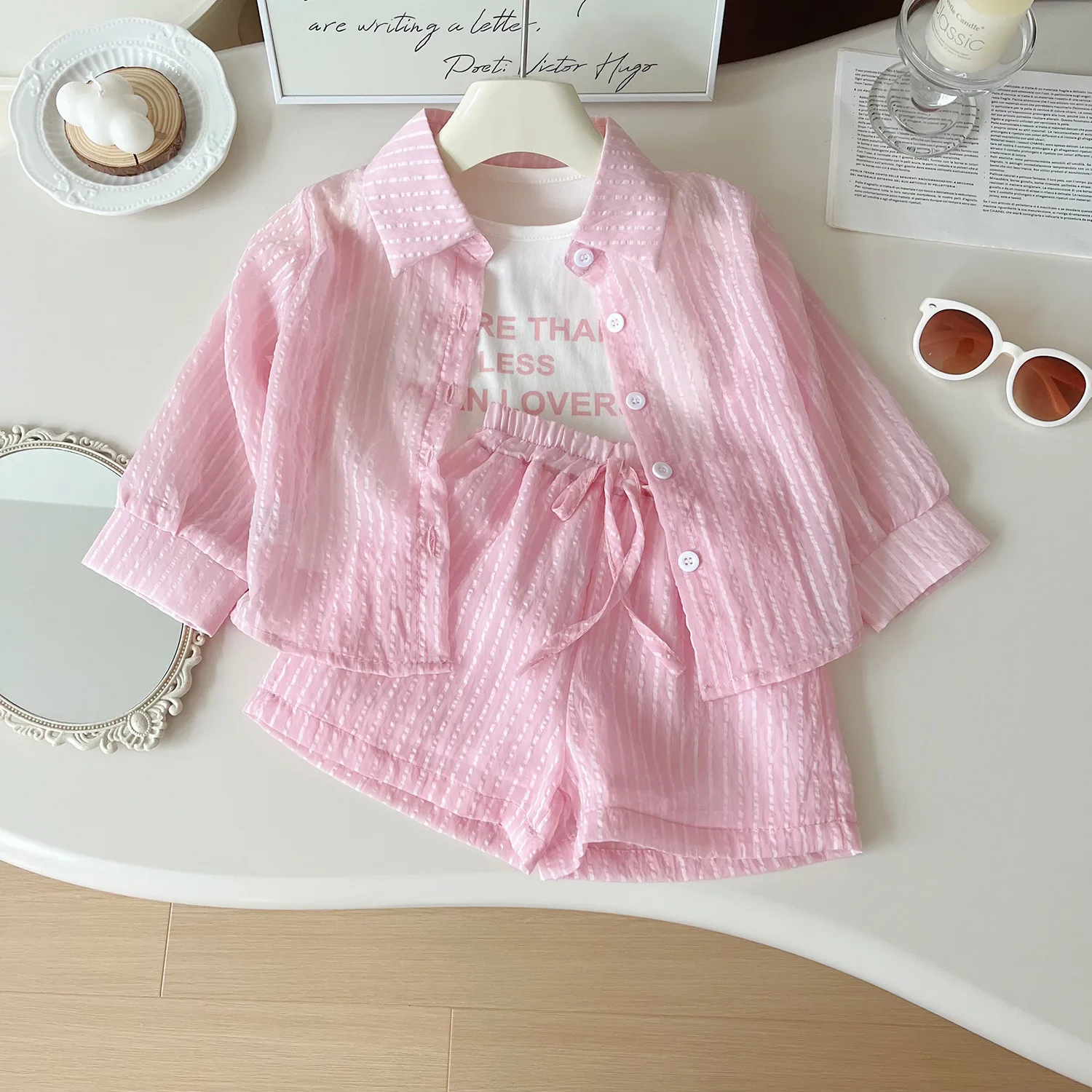 Summer New Girls Sunscreen Set Stripe Long Sleeve Shirt+Vest+Shorts Suit For 2-10Y Kids Fashion Sun UV Protection 3Pcs Outfit