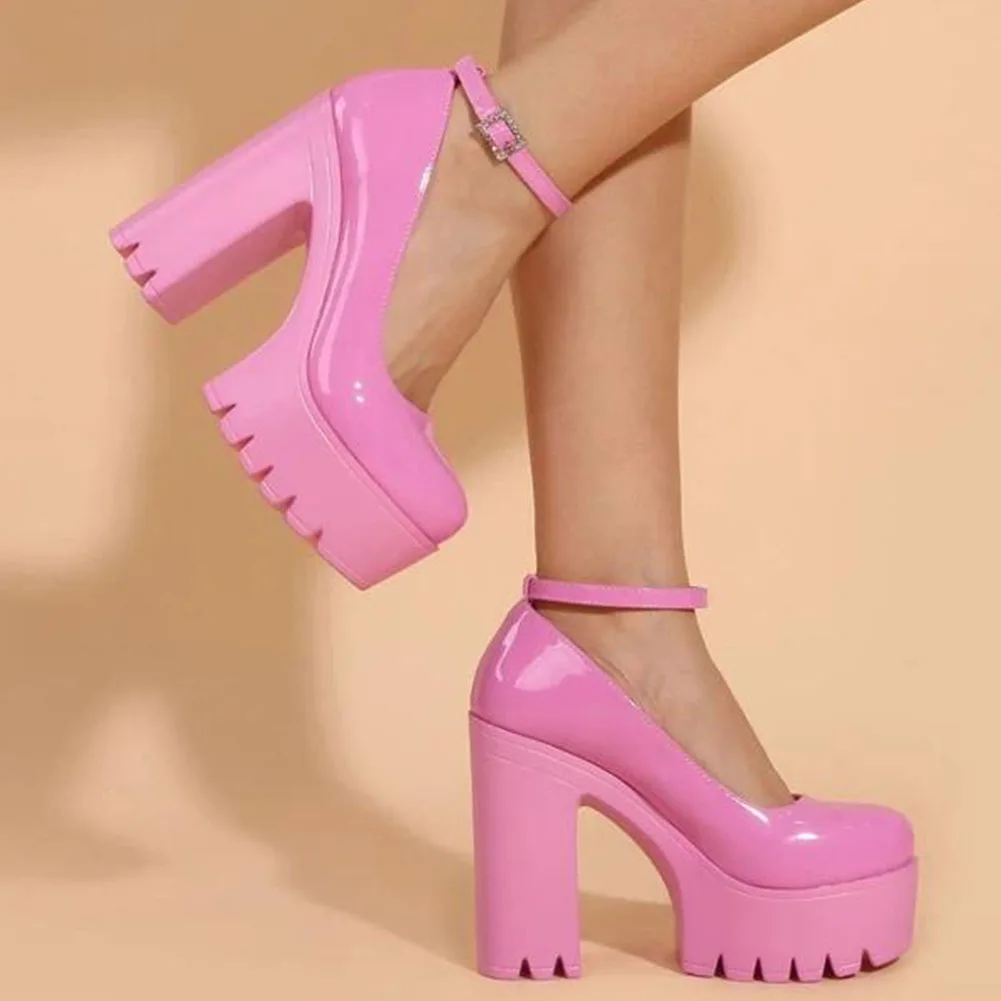 Chunky Heeled Ankle Strap Pumps Sweet Platform Pink Square Heel Woman High Heels Pumps Platform Shoes 2022, Spring Woman Shoes