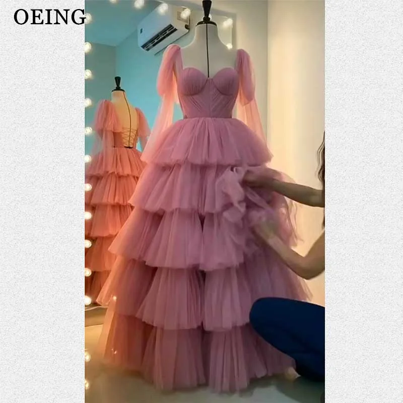 OEING Pink Ruffles Tiered Prom Dresses Bow Spaghetti Straps Tiered Evening Gowns Formal Pageant Elegant Wedding Party Dress