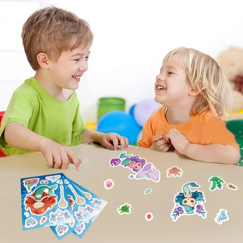 8Sheets Cute Mermaid Princess Puzzle Stickers Make a Face Children DIY Toys Assemble Sticker Party Favor Gifts
