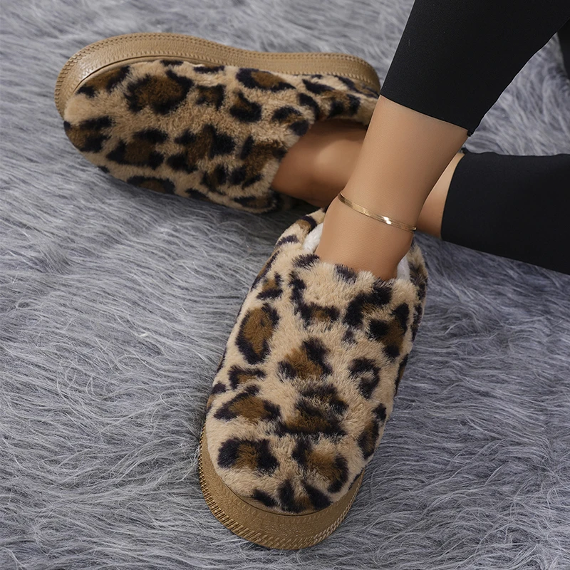 Autumn Winter Leopard Womens Snow Boots Warm Casual Boots Wool Thick Soles Without Heel-covered Hair Half Slipper Cotton Shoes