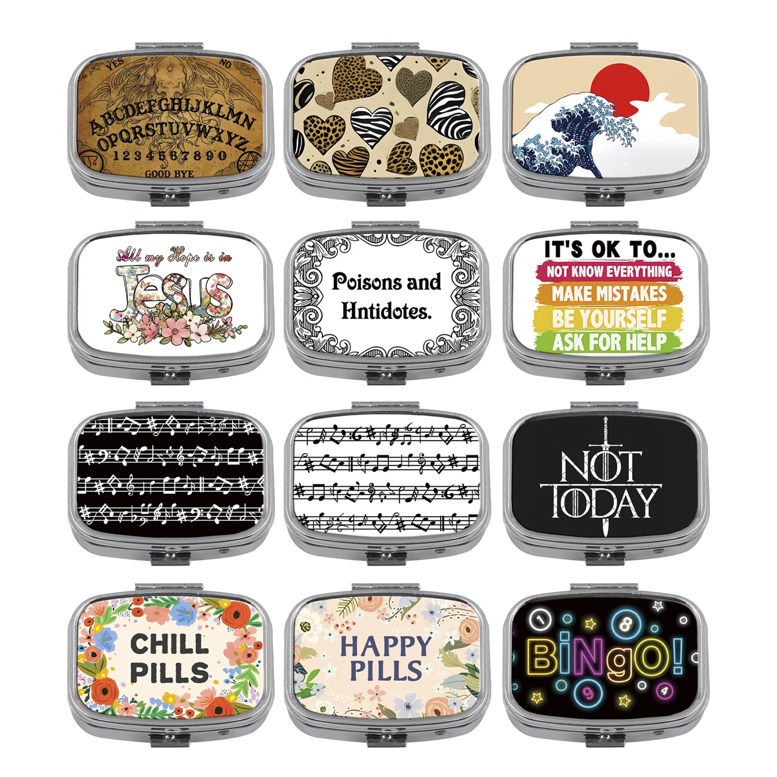 Japanese Waves Art Pill Box Divided Metal Square Quote Series Pill Box Travel Portable Medicine Case Small Pill Container Case