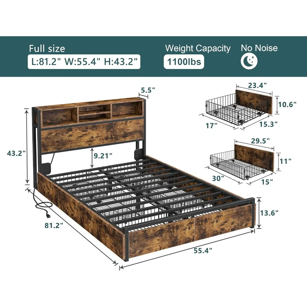 Full Size Bed Frame with Charging Station, No Noise, that is soft, skin-friendly, wear-resistant and durable, Bed Frame