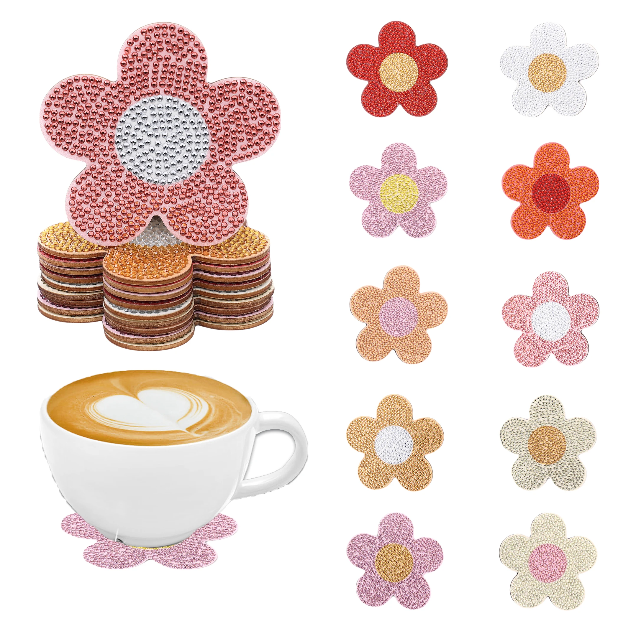 

10 шт. DIY подставки с цветочным узором и бриллиантами, без подстаканника, нескользящие деревянные подставки для гостиной, офиса, бара, кухни