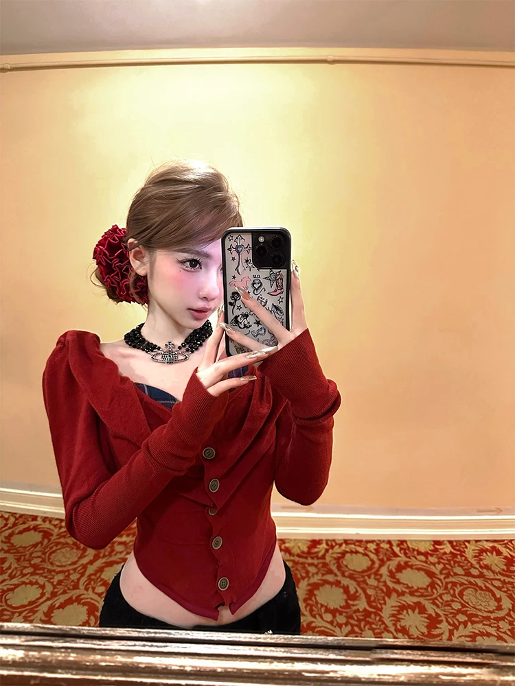 

FuunJ Nordic Wild Retro Heavyweight Knitted Waist-Cinching Base irt Women's Inner Wear Fake Two-Piece Cardigan