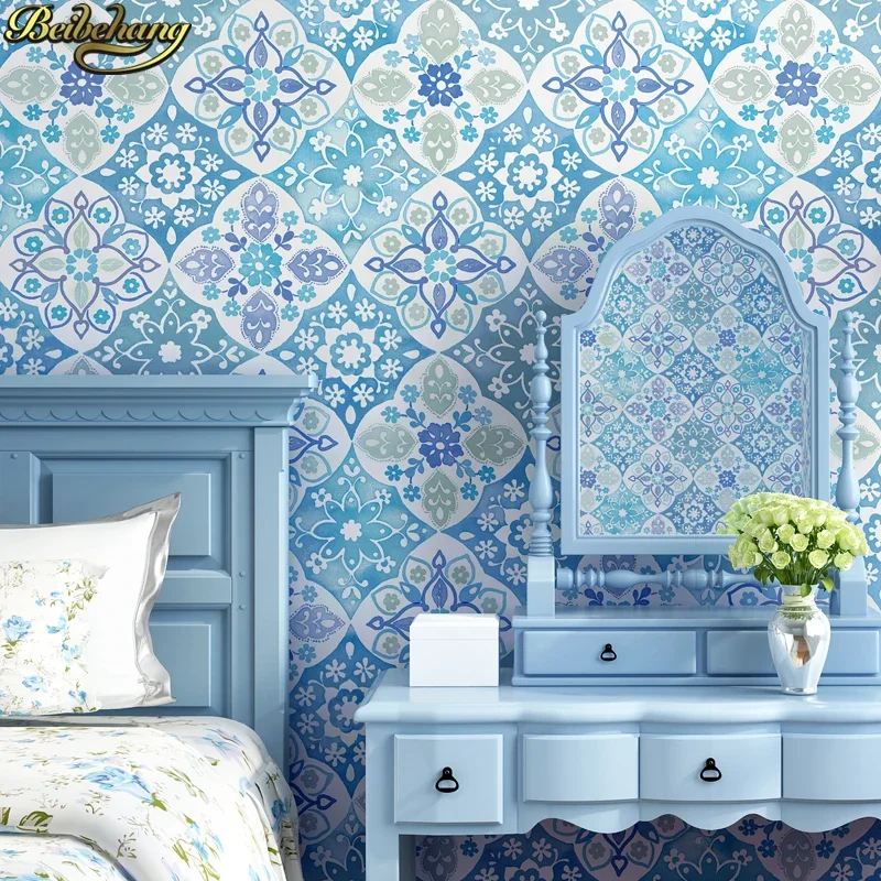 beibehang Bohemian ethnic wallpaper bedroom living room background wall paper roll imitation tile beauty salon Southeast Asian