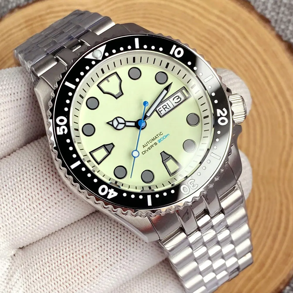 Tandorio Diving MechanIcal Watch Men SKX 3.8 Steel Wristwatch Fully Green Luminous S NH36 Weekday Movement White Chapter Ring